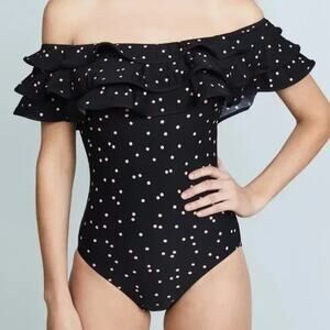 Kate Spade Anna Maria Island Ruffle Off Shoulder One Piece Swimsuit Polka Dot L